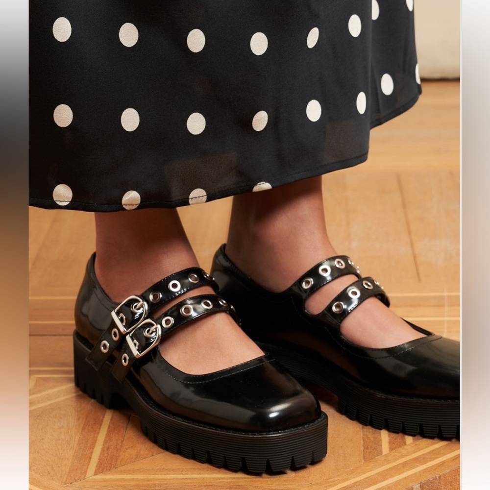 INTENTIONALLY BLANK Black Patent Mary Jane Loafers with Silver Hardware